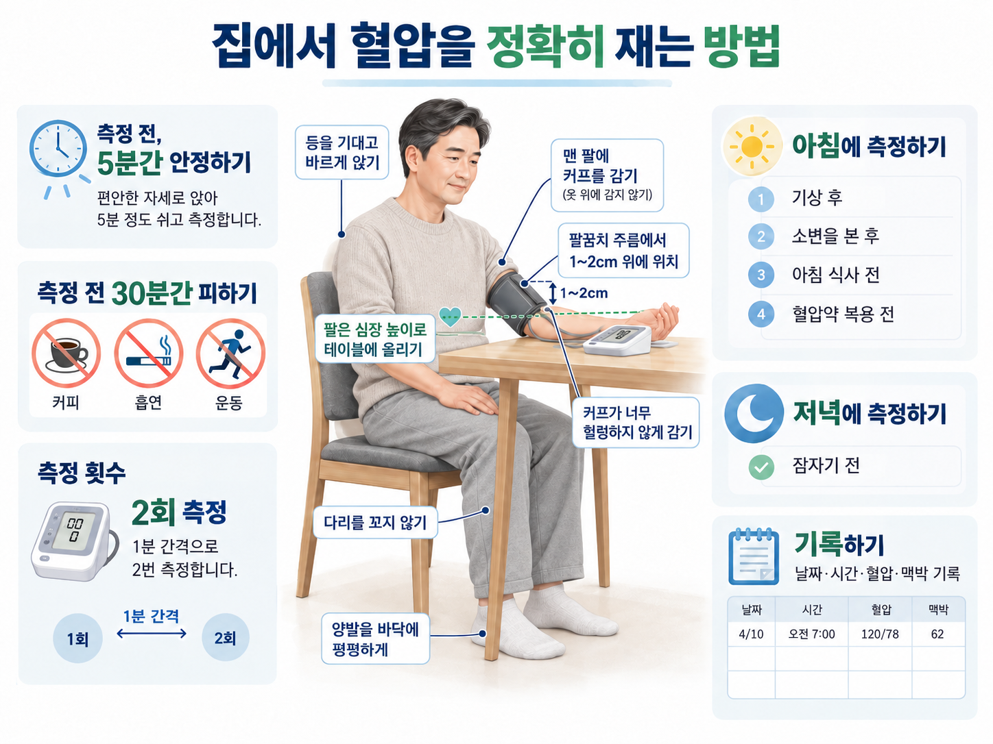 집에서 혈압을 정확히 재기 위한 올바른 자세와 위팔 커프 위치를 설명한 그림